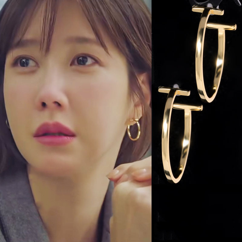 韩剧顶楼李智雅同款耳环 沈秀莲t型圆圈耳钉高级大气耳饰韩国气质