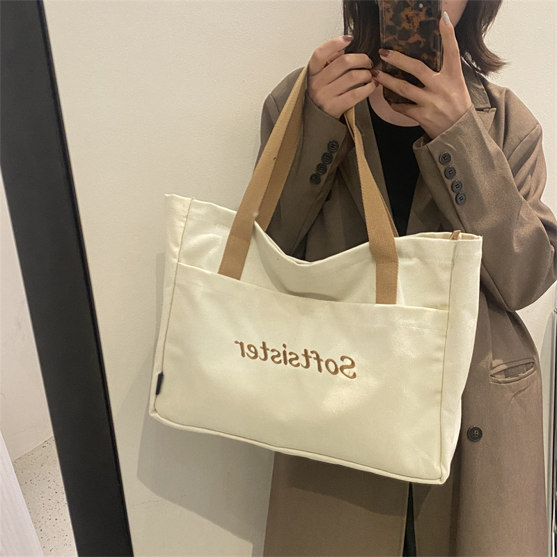 College Student Class Canvas Bag Women's Bag 2023 New Korean Style Versatile Ins Large Capacity Shoulder Bag Tote Bag