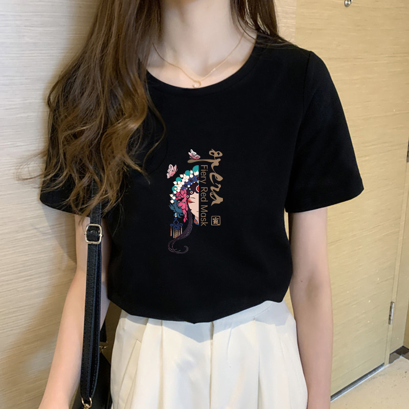 黑色正肩短袖t恤女新款宽松夏纯棉中国风2022年体恤打底国潮上衣