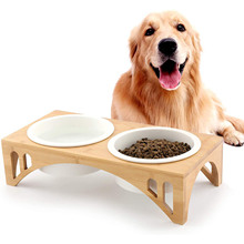 宠物餐桌竹板双碗狗碗猫咪食盆宠物竹制碗架不锈钢陶瓷双碗