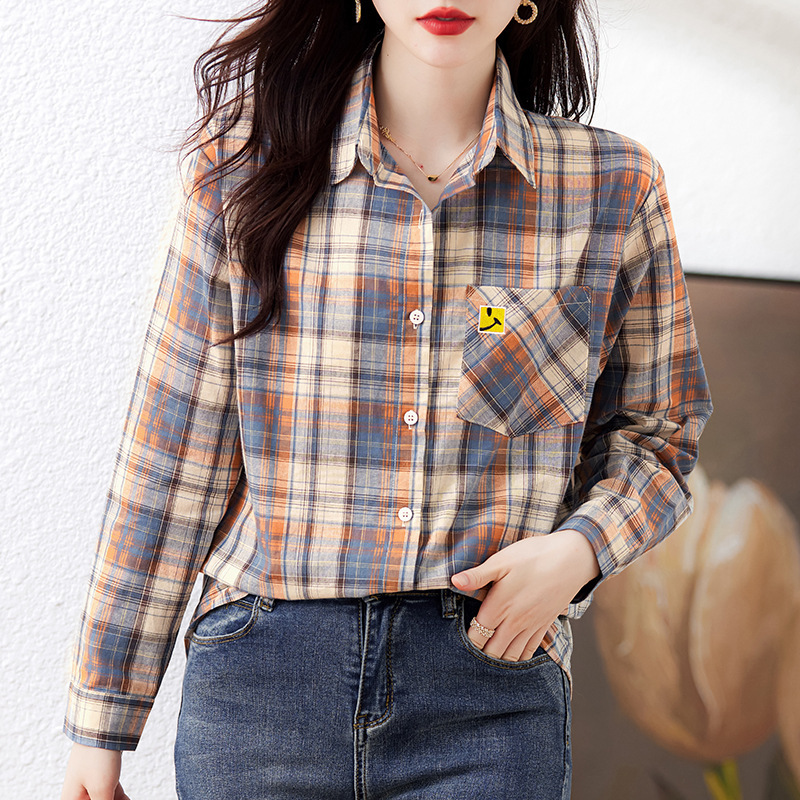 正品牌格子衬衫女款外套新款春秋长袖衬衣方格秋季外搭磨毛上衣棉