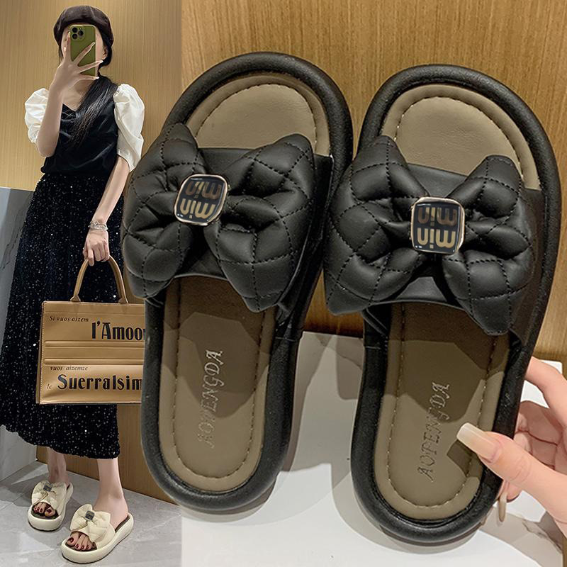 internet celebrity bowknot slippers women‘s summer outer word 2024 new fashion all-match thick bottom beach casual high-looking