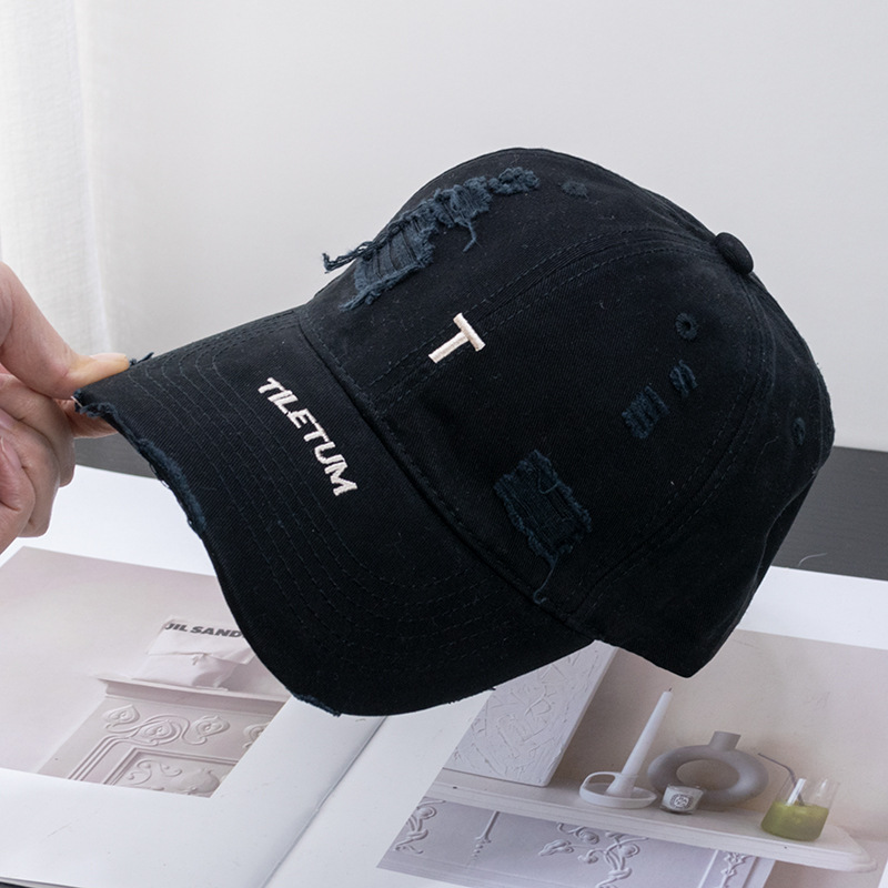 Fashion T Ripped Letter-Printing Worn Looking Washed-out Soft Top Baseball Cap Trendy All-Match Spring and Summer Sun Hat Wide Brim Peaked Cap