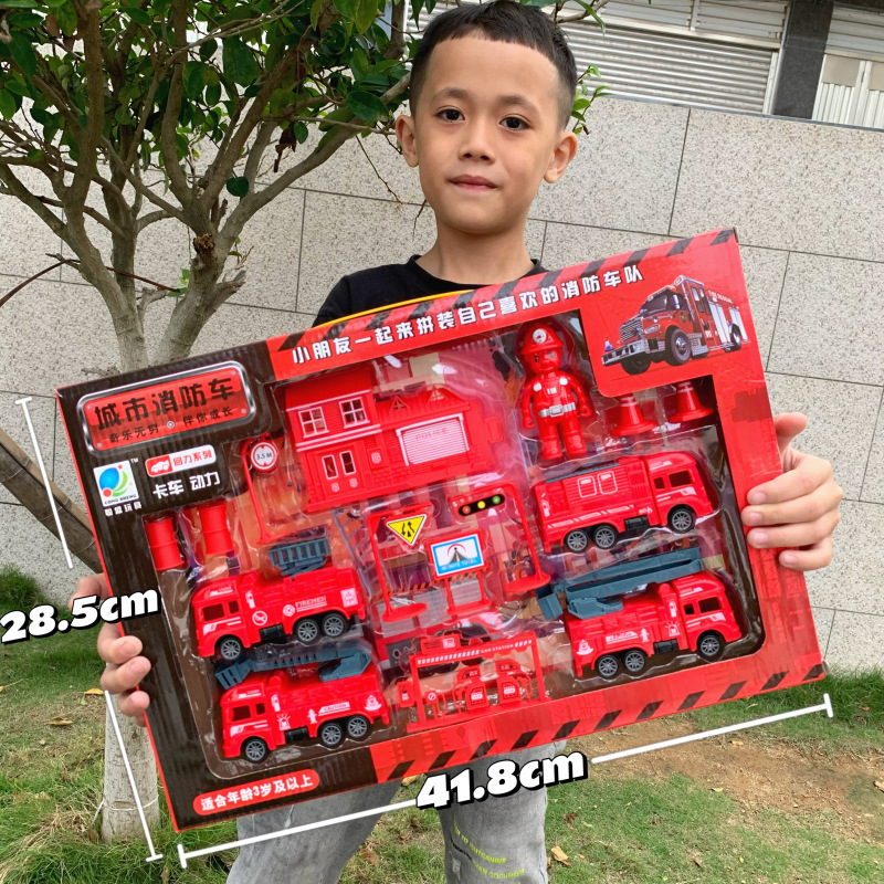 Warrior Inertial Engineering Vehicle Large Gift Box Set Excavator Fire Truck Set Boy Car Toy Stall Wholesale