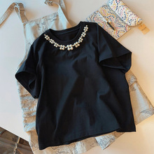 03856#新款简约黑色气质显瘦上衣设计感小众珍珠圆领短袖t恤女夏