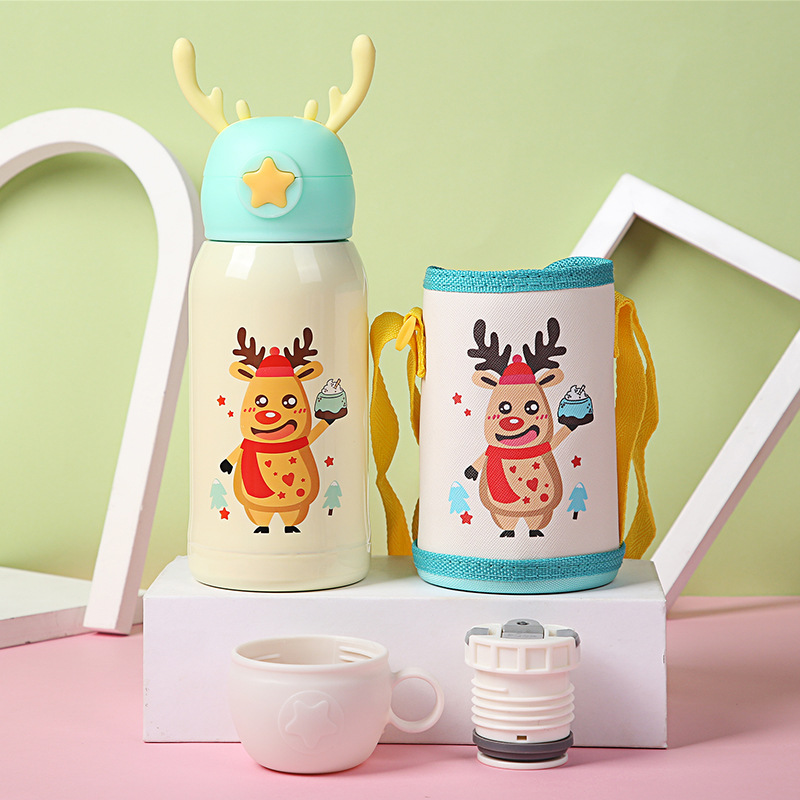 Y216 Stainless Steel 316 Vacuum Cup Cartoon Children Antler Cup Portable Strap Silicone Straw Sports Cup Fixed Printing
