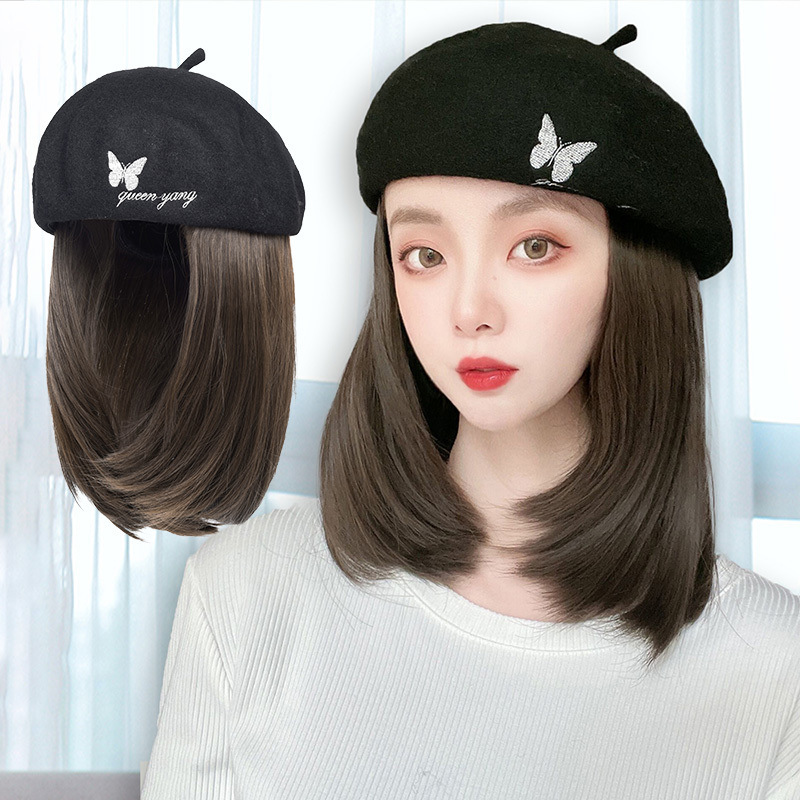 假发女长发帽子一体时尚锁骨发刺绣网红秋冬贝雷帽中长发全头套式