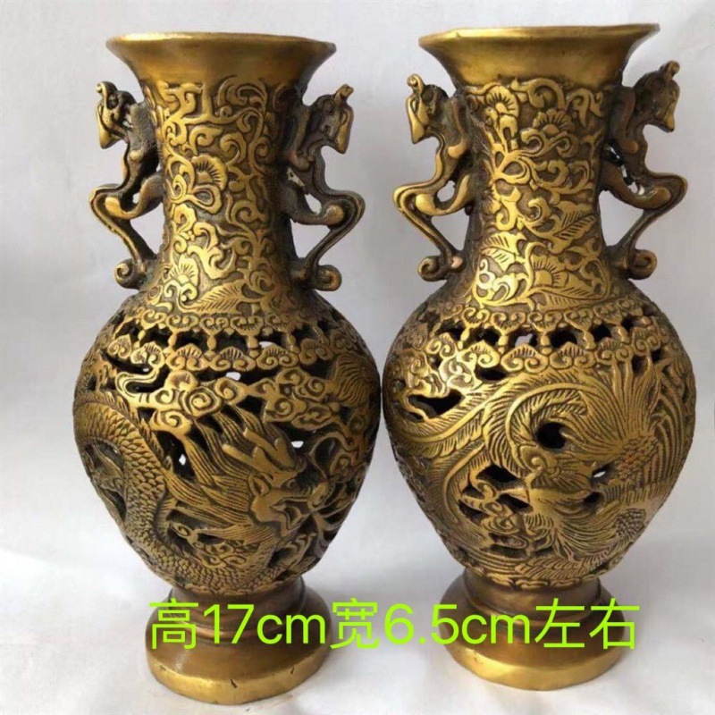 古玩杂项收藏 大清乾隆年制镂空龙凤花瓶 家居摆件铜花瓶 包邮
