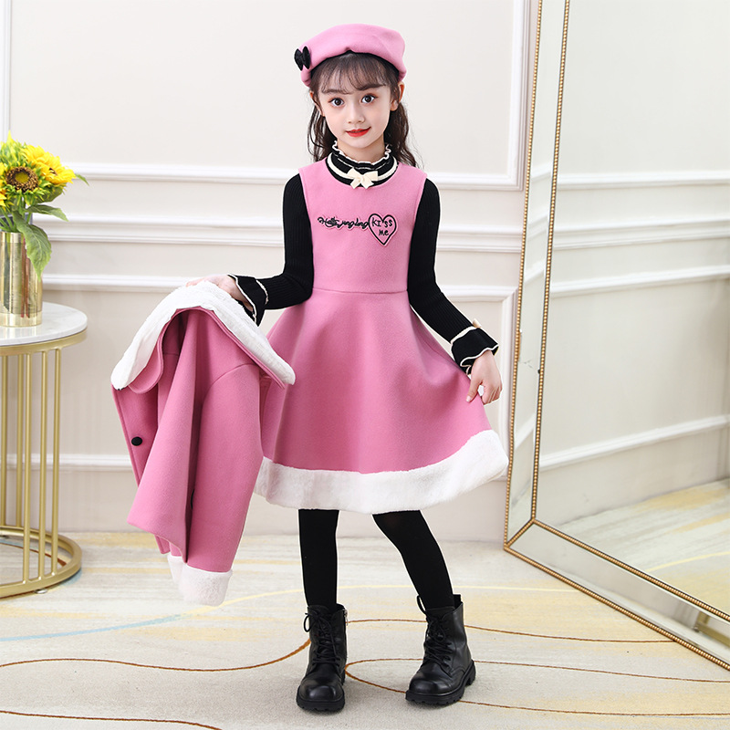 女童连衣裙冬季2021新款时髦公主裙韩版洋气儿童呢子套装三件套冬