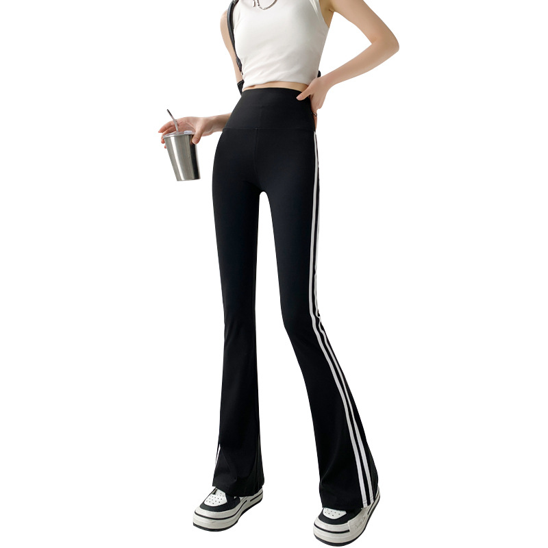 Black Weila Shark Pants Women's High Waist Pants Slimming Striped Pants Pocket Trousers Loose Fashion Spring and Autumn Bell-Bottom Pants