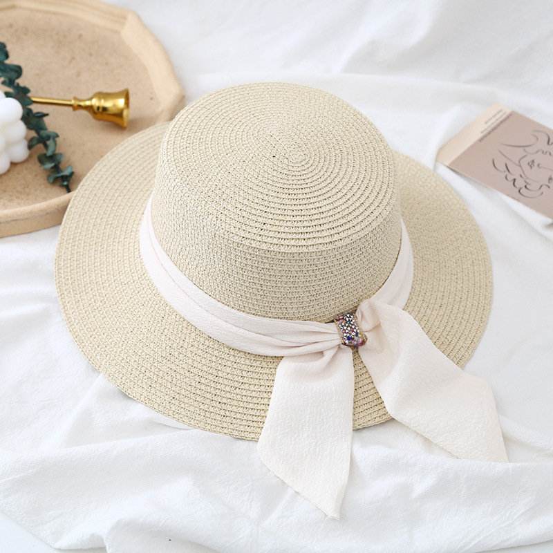 Wide Brim Flat Straw Hat Women's Summer Outing Fashion Bowknot Sun Hat Sun Protection Hat Sun Hat Casual Beach