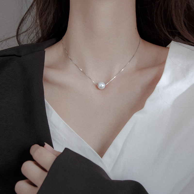 s925 silver plated synthetic freshwater pearl niche design cold style necklace high-grade simple clavicle necklace for women