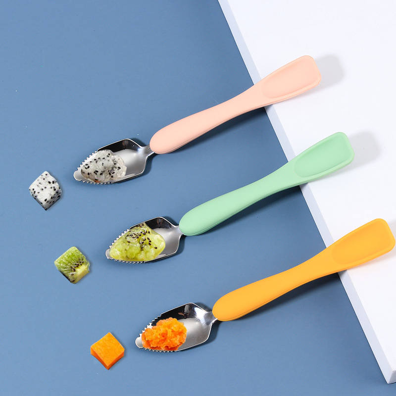 304 Stainless Steel Mud Scraper Double-Headed Baby Baby Spoon Baby Silicone Solid Food Spoon Fruit Fruit Puree Spoon