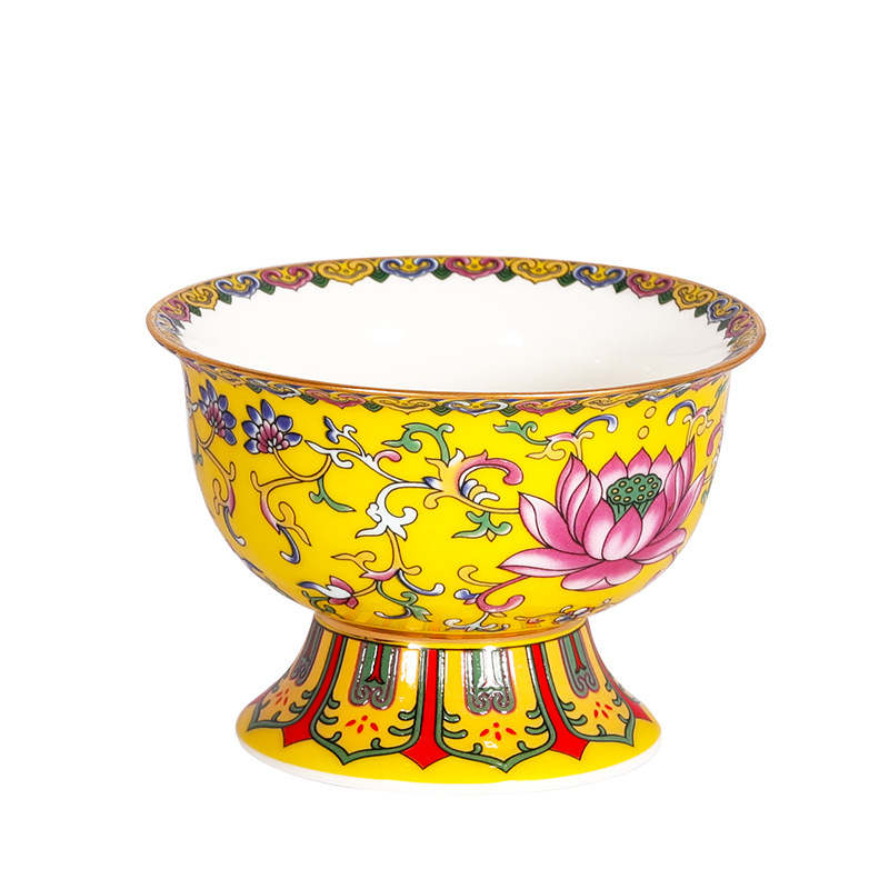 佛教珐琅彩绘高脚贡碗八吉祥供佛斋碗陶瓷供水斋菜碗莲花碗八吉祥