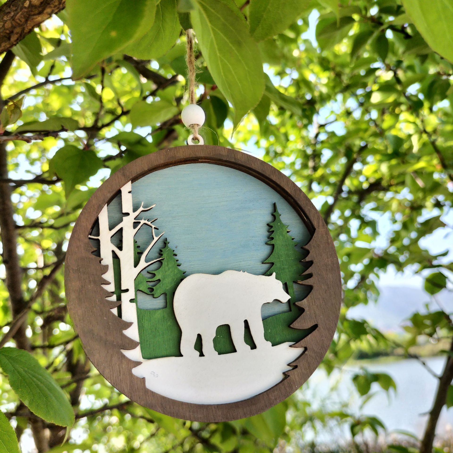 新款圣诞节木质熊创意镂空雕刻多层动物挂件 居家装饰diy节日礼品