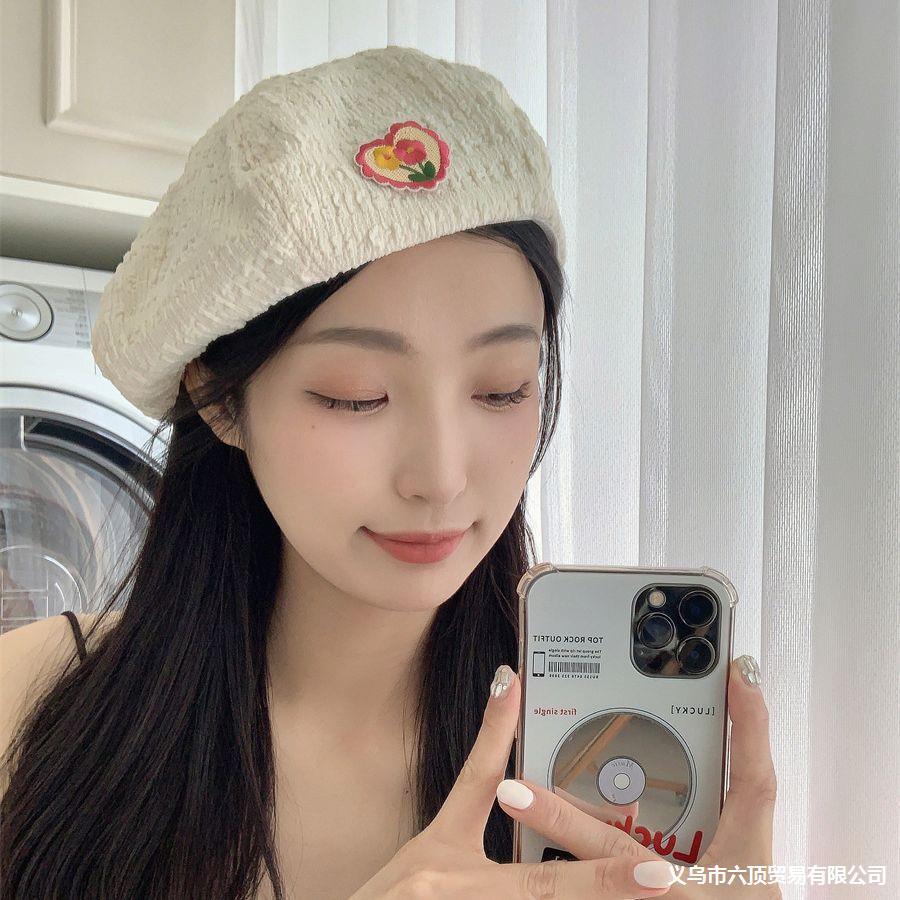 新款气质感泡泡纹花朵贝雷帽子女ins夏季薄款透气复古甜美贝蕾帽