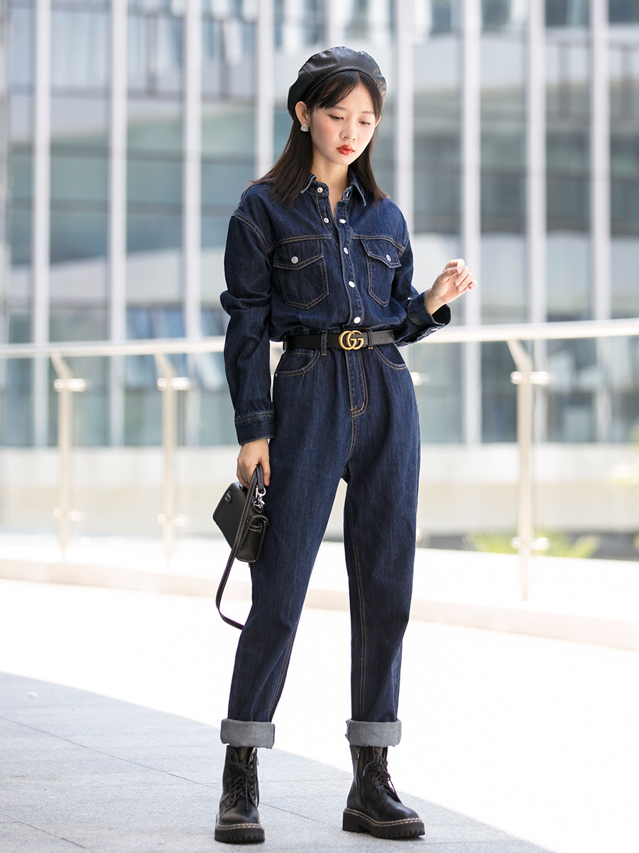 牛仔连体裤女2021秋季新款长袖显瘦套装直筒宽松高腰工装阔腿裤