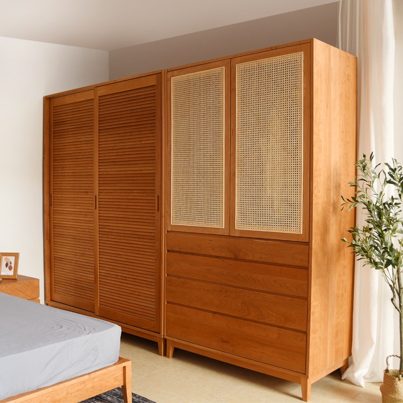 北欧日式实木百叶推拉门衣柜 简约樱桃木橡木衣橱卧室储物移门柜