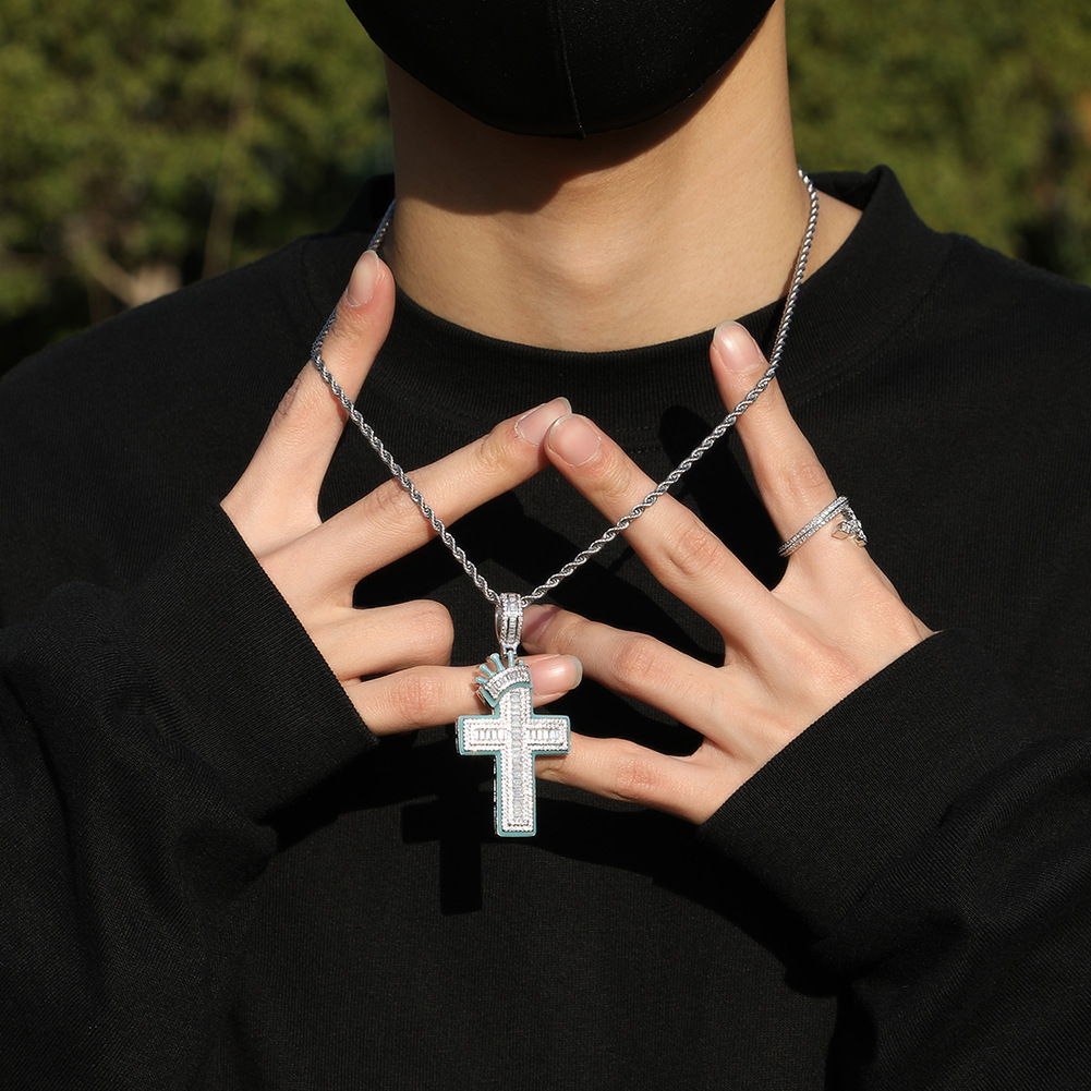European Hip Hop Crown Cross Shape Luminous Diamond Pendant Necklace Fashion Trend Unisex Sweater Chain