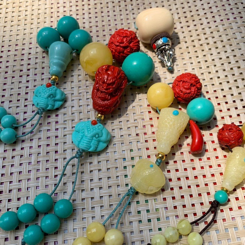 二代松石蜜蜡文玩配饰套装 龙珠象神背云金刚星月108佛珠配饰