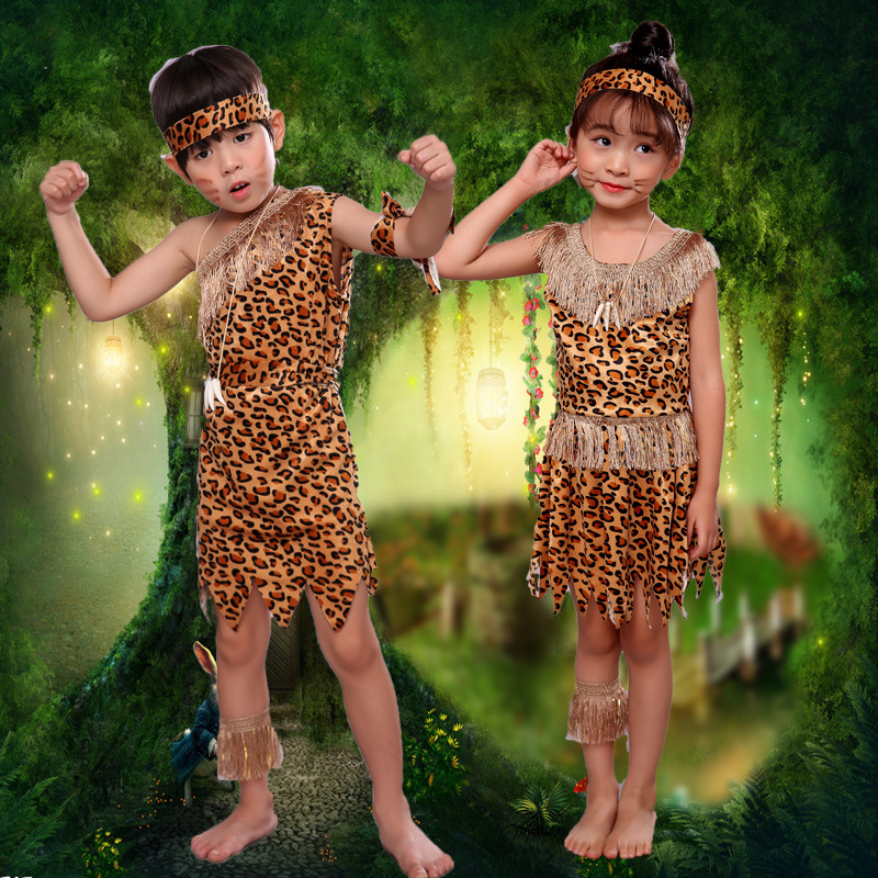 非洲鼓演出服儿童印第安土著人服装幼儿原始人猎人表演服野人服装