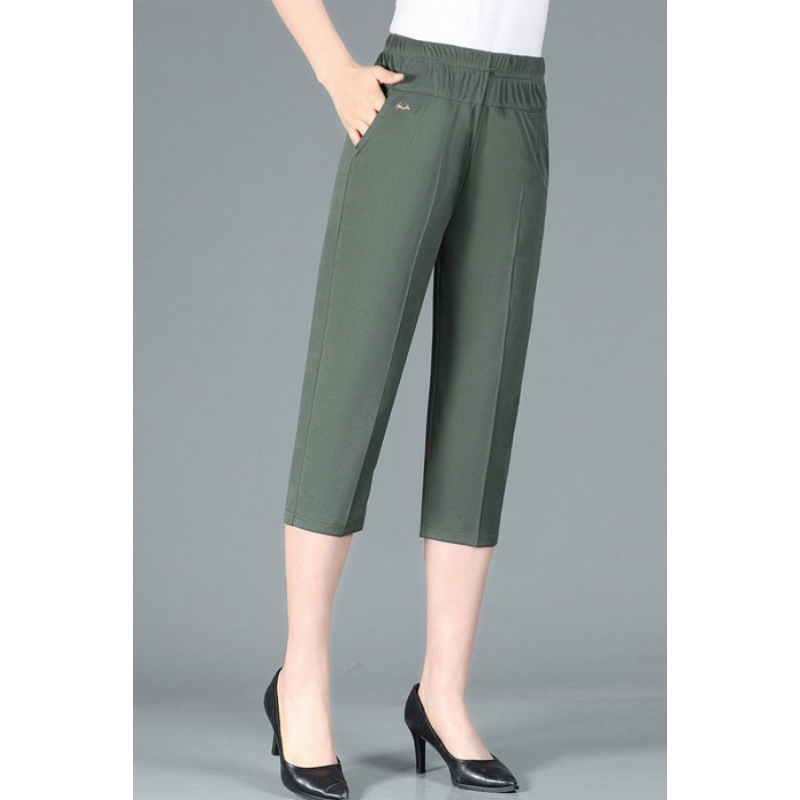 新款夏季妈妈裤子薄款七分裤中老年女裤高腰中裤老太裤纯色七分裤