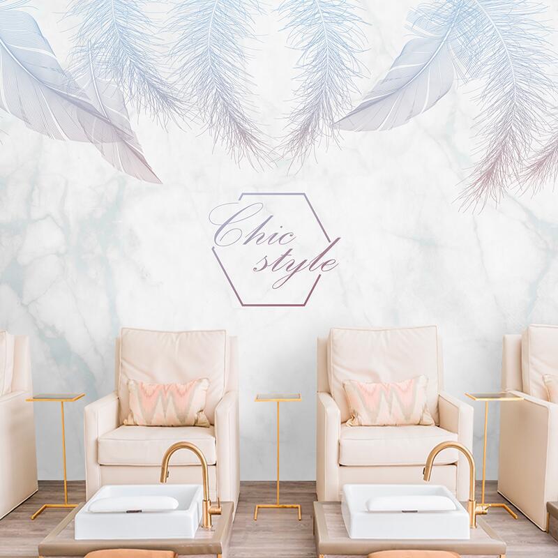 北欧ins风简约大理石墙纸网红羽毛背景墙画服装美甲店工作室壁纸