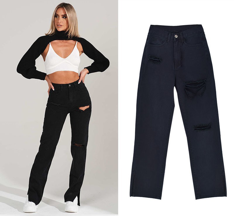 European and American Women's Clothing High Waist Look Taller Thin Straight-Leg Denim Trousers Mop Pants Ripped Hem Slit Smooth Micro-Flared Pants