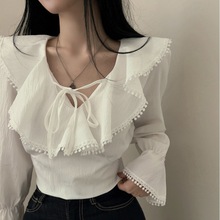 韩国chic2024春秋季甜美荷叶边领喇叭袖系带收腰衬衫女设计感衬衣