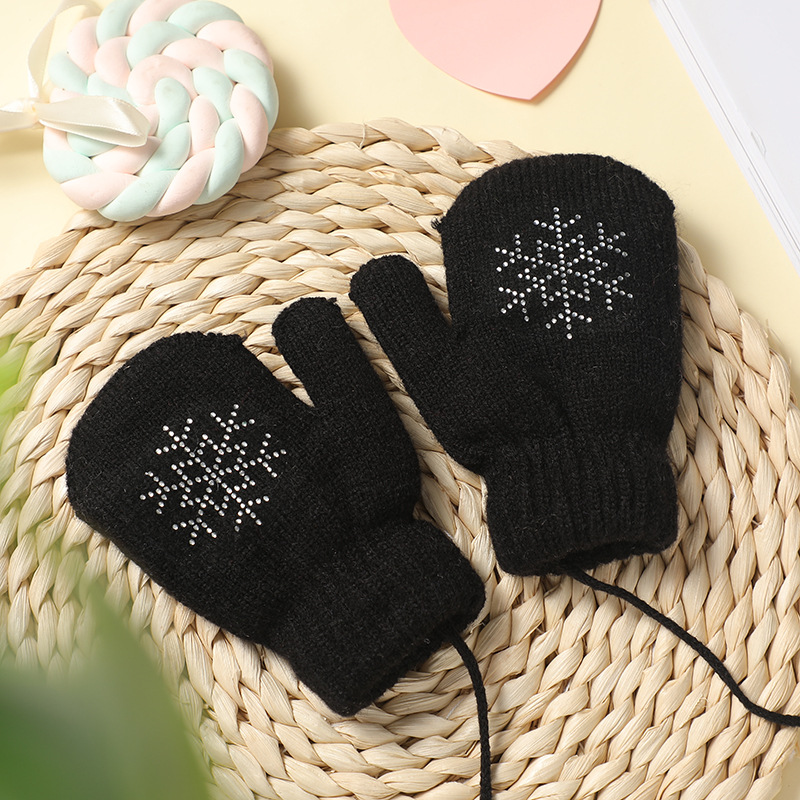 Winter Children's Cold-Proof Finger Warm Gloves Hot Drilling Snowflake Pattern Double Layer Brushed Lining Knitted Gloves