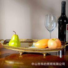 欧式茶几果盘摆件美式古典奢华餐桌托盘法式软装饰品收纳铜锅盘