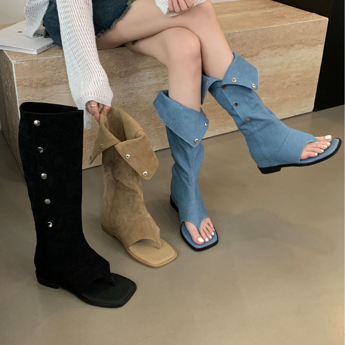 中筒西部牛仔靴高筒骑士靴复古长筒靴女2024新款春季靴子粗跟长靴