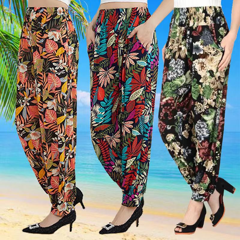 Summer Sales Volume Product Women's Bloomers Harem Pants Cropped Pants Outer Wear Cropped Pants Flower Pants Ice Silk Flower Pants