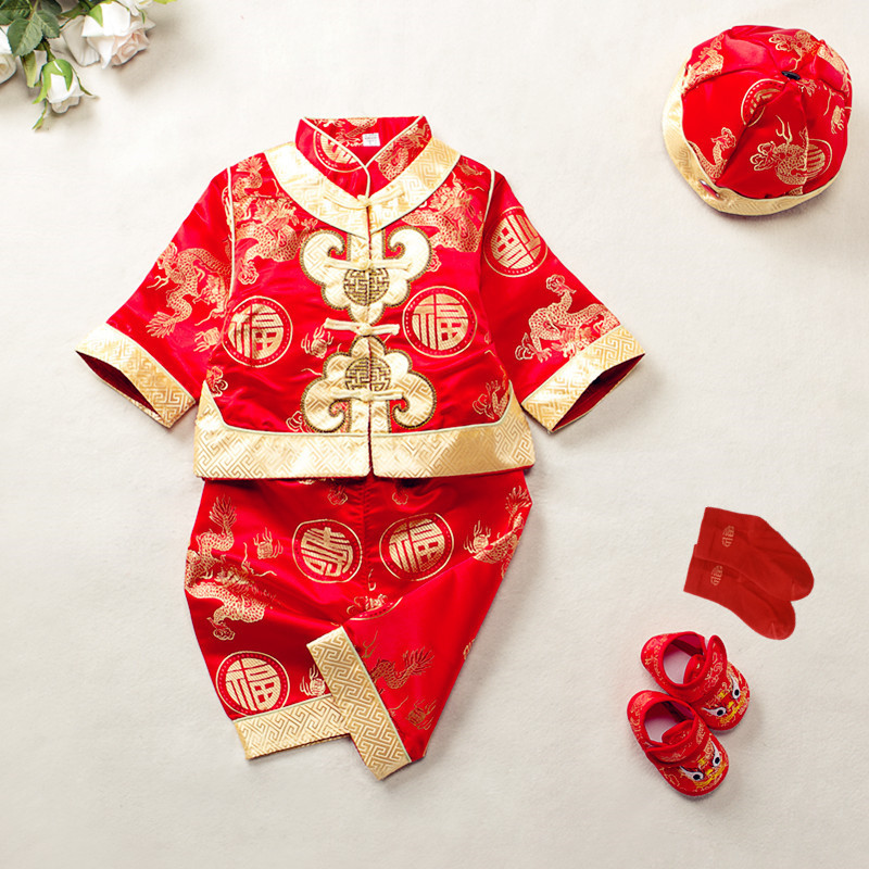 一周岁宝宝衣服男童红色拜年服婴儿礼服抓周服百岁唐装春秋冬套装
