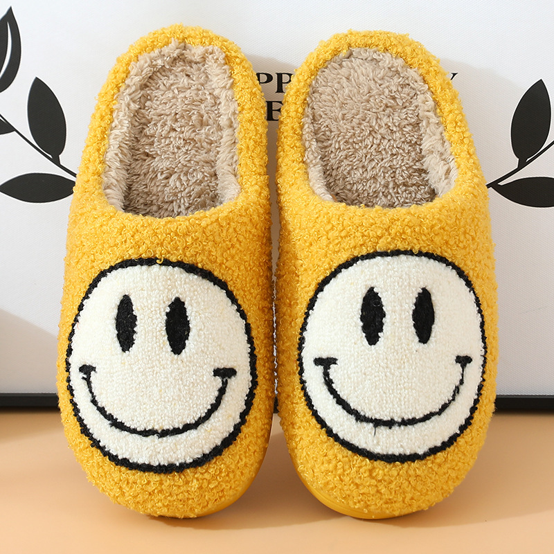 Smiley Face Korean Style Autumn and Winter Furry Couple Cotton Slippers Female Men's Household Cute Thick Bottom Cartoon Non-Slip Indoor