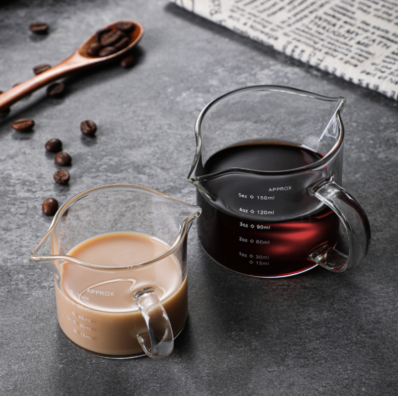 玻璃小奶盅迷你牛奶壶日式带木柄尖嘴带刻度小奶罐浓缩咖啡加奶杯