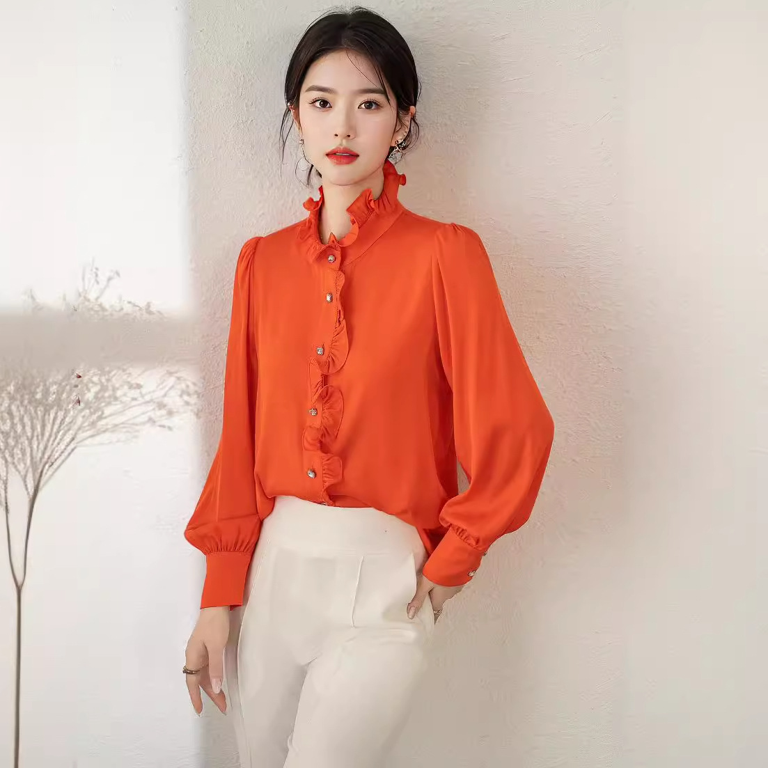 高端重磅真丝双乔荷叶边衬衣女装2024年春季新款知性优雅气质衬衫