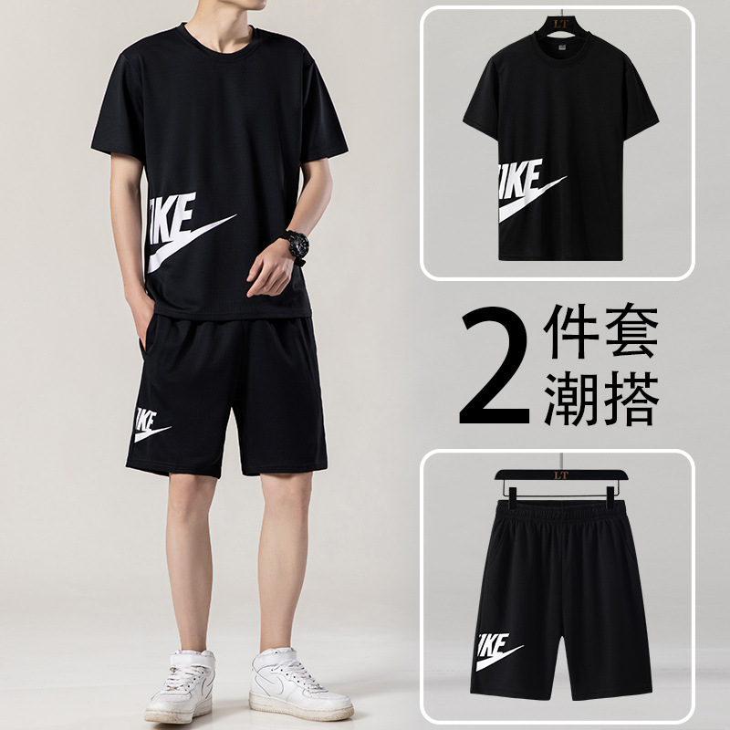 2022 Men's Short-Sleeved T-shirt Summer Trendy Loose plus Size Casual Ice Silk Sports Suit Running Fitness Clothes