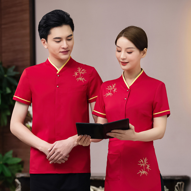 新款中国风餐厅服务员工作服短袖女中式酒店餐饮工装