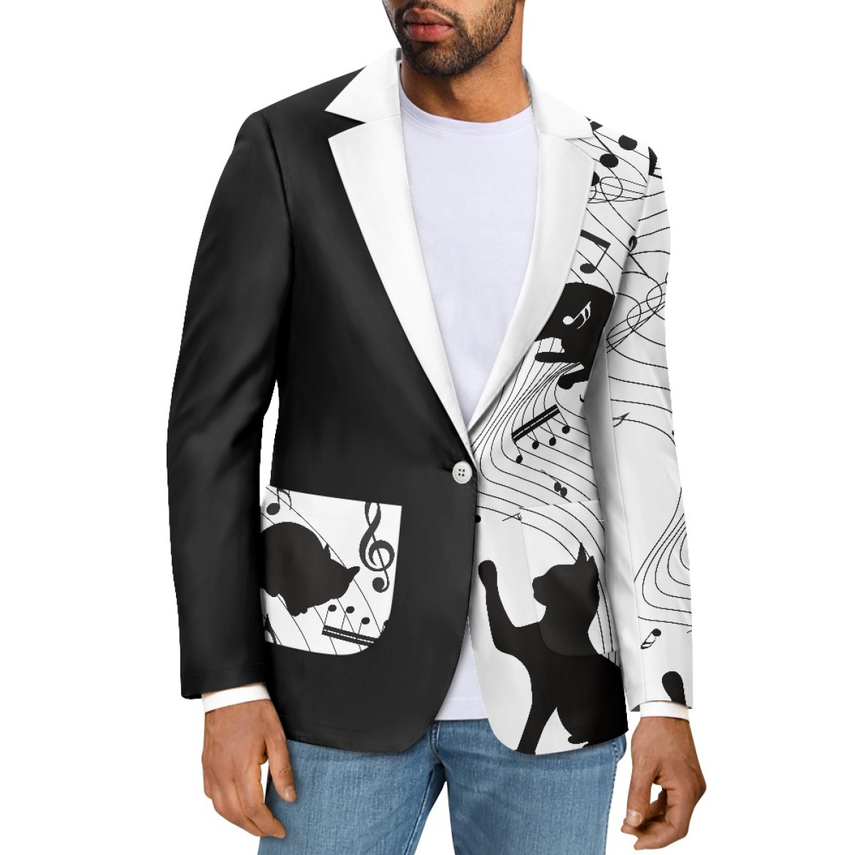 亚马逊热卖外衣音符猫咪印花黑白格调来图定 制男士休