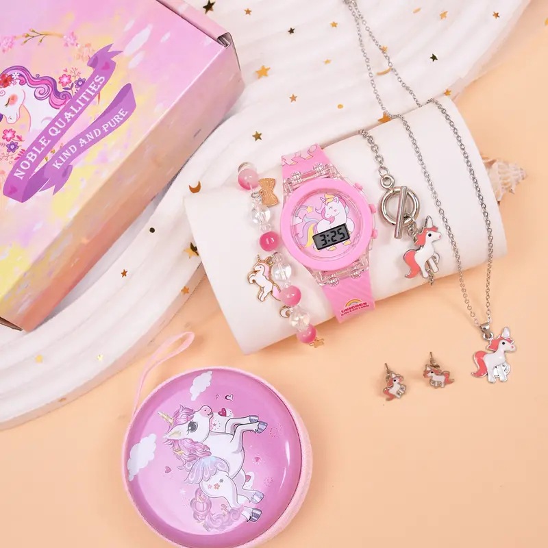 New Fashion Cartoon Unicorn Pattern Silicone Watch Bracelet Set for Girls