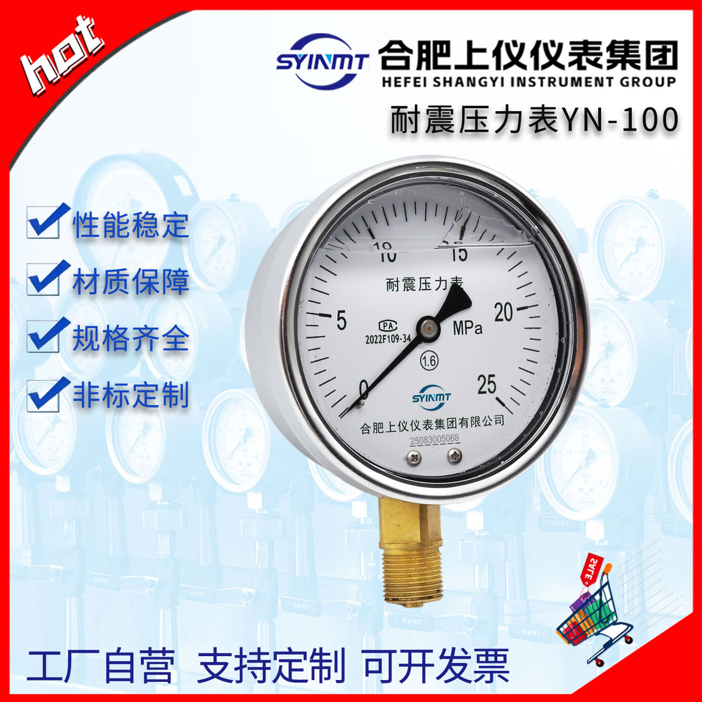 跨境耐震防震抗震压力表YN-100充油压力表1.6 4 6MPa真空表定制