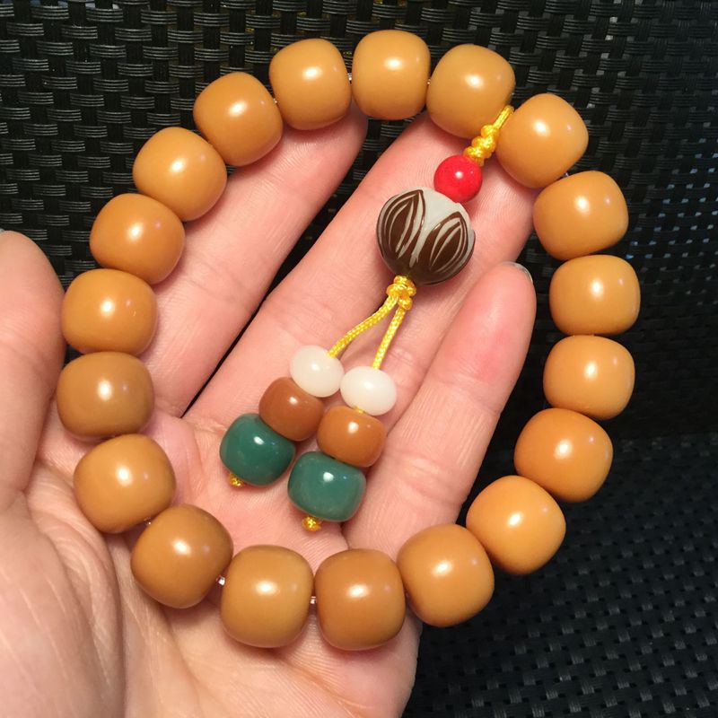 白玉菩提根风化蜜蜡黄平口老型桶珠单圈手链多宝菩提文玩佛珠手串
