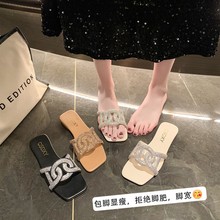 2024年新款拖鞋水钻女士凉拖方头大码平底鞋外穿拖鞋slippers sho