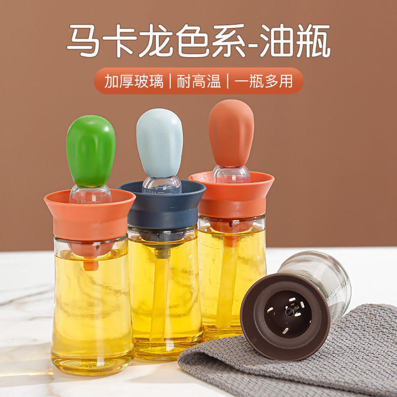 Glass Oil Bottle Silicone Brush Kitchen Oil Pot Bottles for Soy Sauce and Vinegar Barbecue Oil Brush Bottle Baking at Home Quantitative Oil Bottle