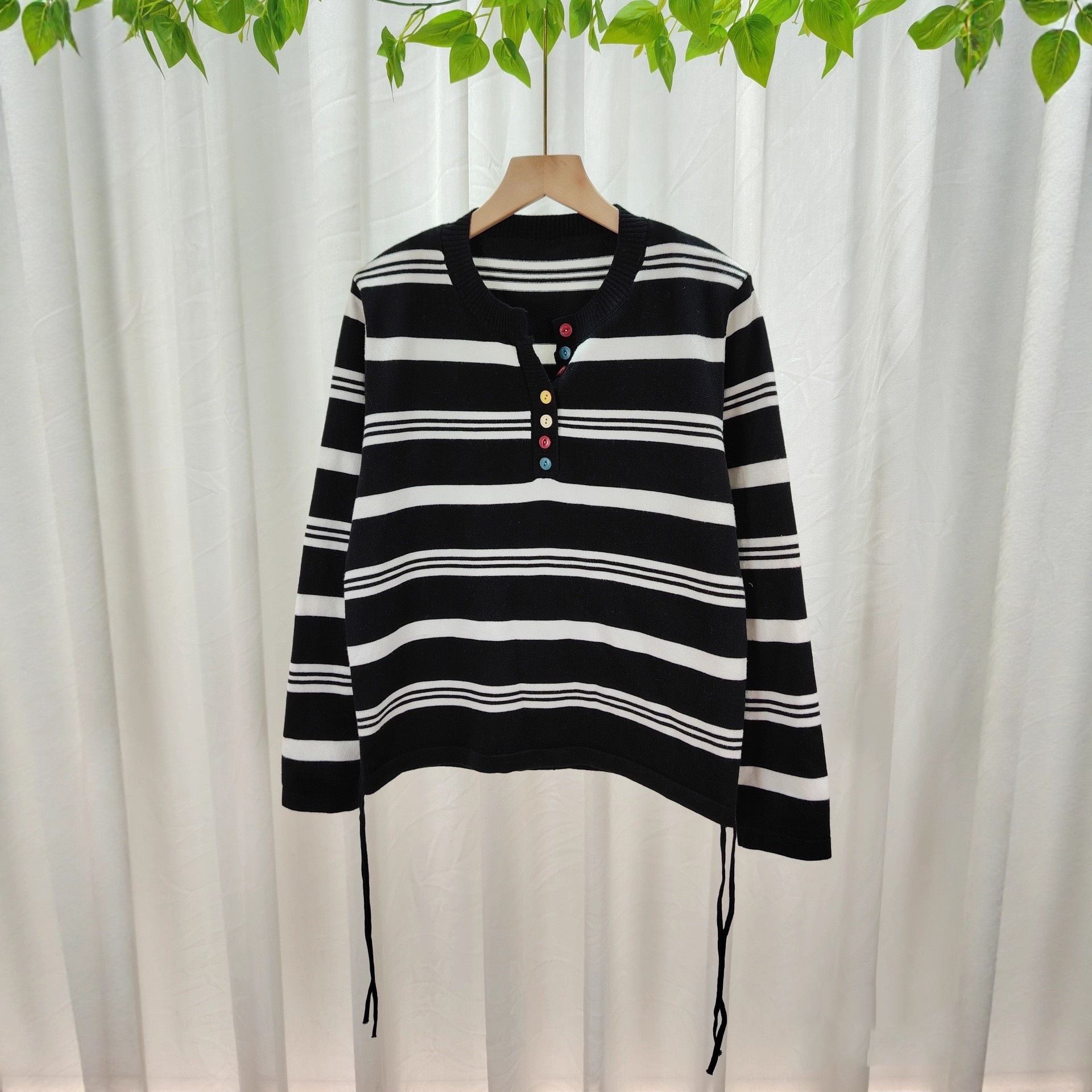 跨境韩版条纹针织短袖t恤女夏季修身显瘦百搭别致抽绳外穿小衫上