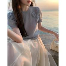 韩版甜美立体花朵圆领针织衫女夏季2024新款纯欲辣妹修身上衣
