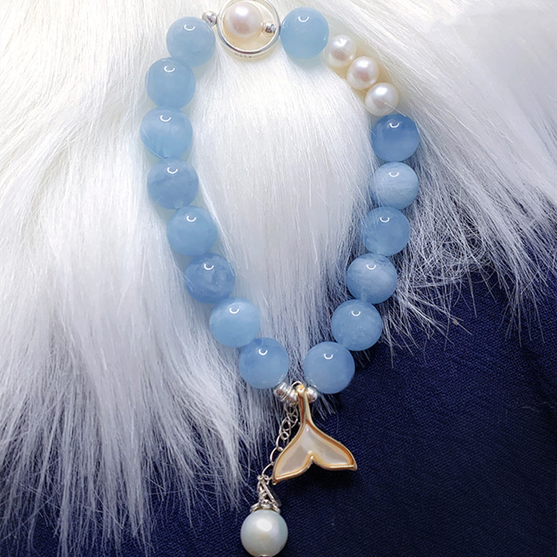 海蓝宝水晶手链8mm单圈珍珠diy女款礼物ins手串闺蜜礼物饰品清新