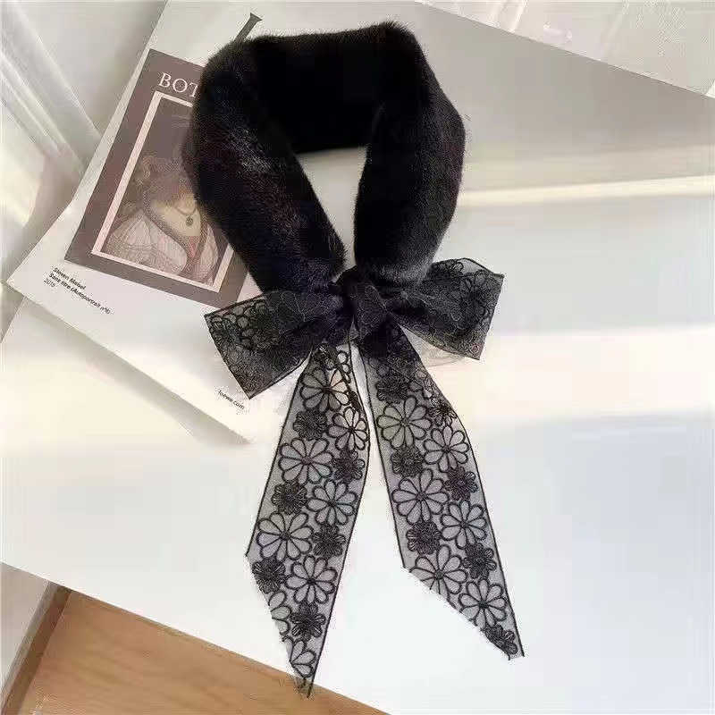 Women‘s Scarf Autumn and Winter Velvet Lace Scarf Imitation Wool-Free Bow Scarf Detachable Collar Warm Long Streamer Korean Style