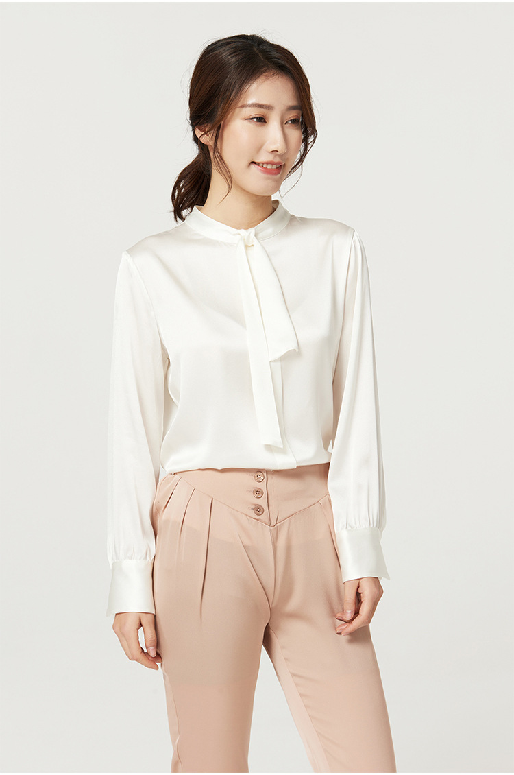 真丝衬衫女长袖桑蚕丝2021春季新款衬衣大码通勤缎面立领上衣飘带